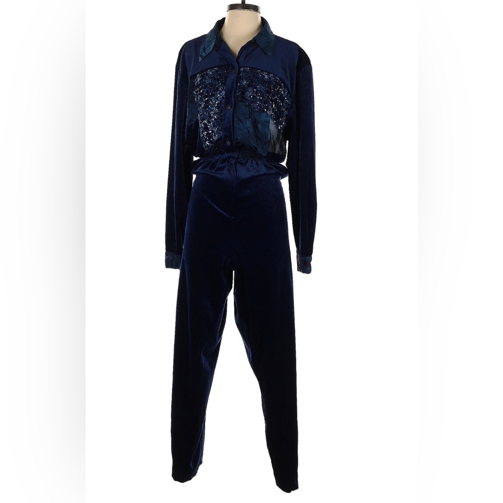 Vintage 70s 80s Saint Germain Paris Jumpsuit Navy Blue Long Sleeve Sequin sz XL